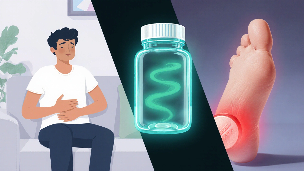 Artwork depicting nausea, tendon pain, and a bottle of generic ciprofloxacin tablets.
