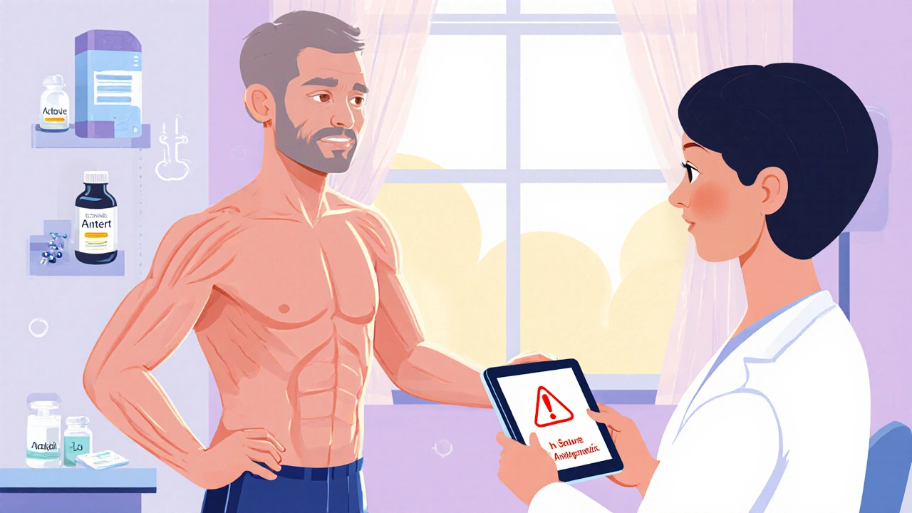 Cartoon of a recovering patient doing physiotherapy and consulting doctors after NMS.