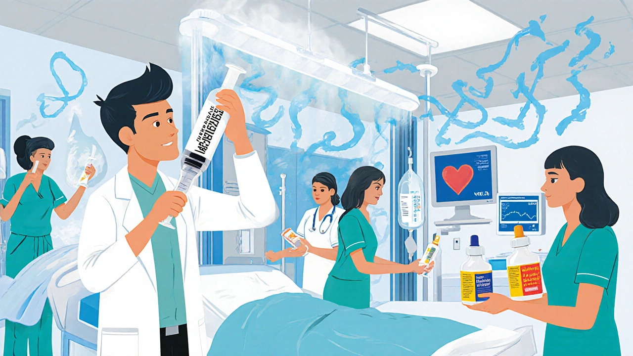 Cartoon of ICU staff applying cooling blankets, IV fluids, and giving dantrolene and bromocriptine for NMS.