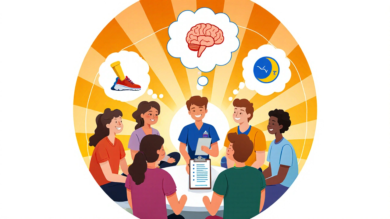 Cartoon of the person in a supportive group practicing healthy habits and therapy for recovery.