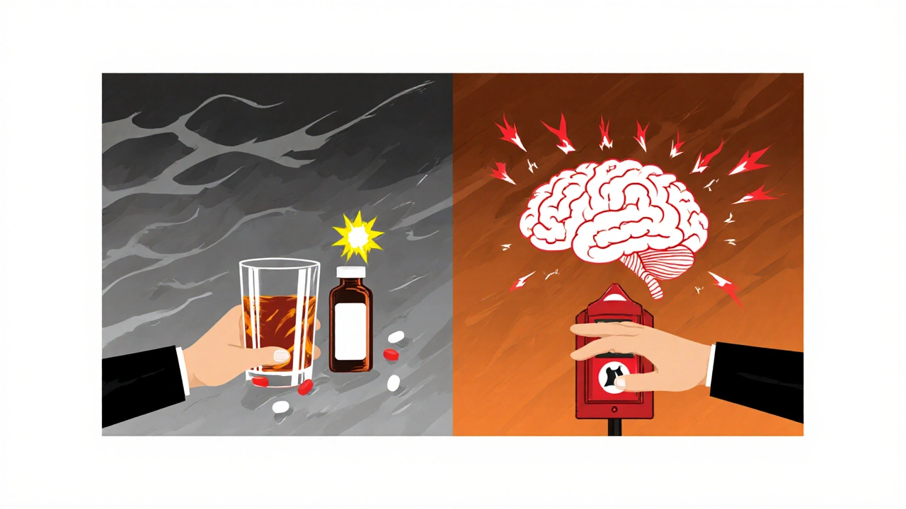 Cartoon shows the person using alcohol and pills as a fire alarm blares, depicting the anxiety‑addiction cycle.