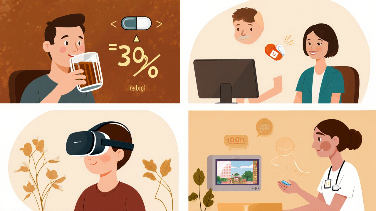 Collage showing alcohol reduction, CBT with pill, VR PTSD therapy, and stroke rehab.