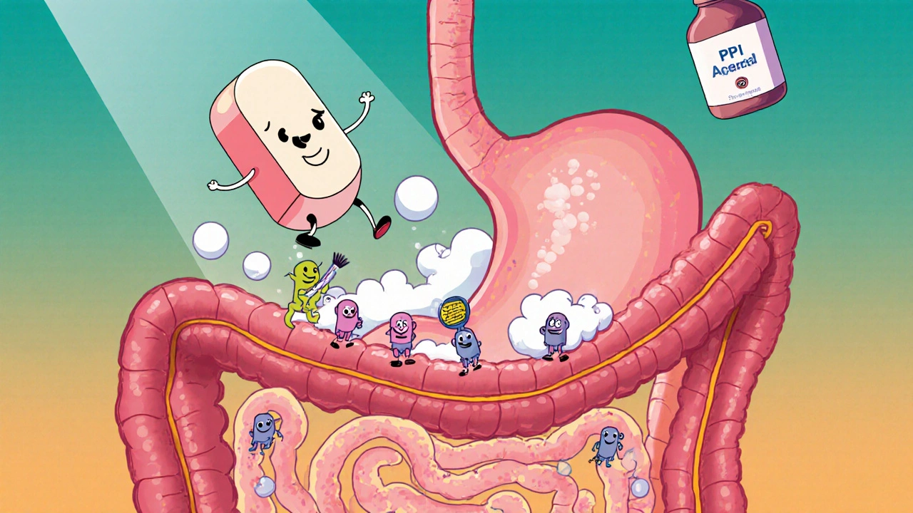 Cross‑section cartoon showing gut bacteria, gas pressure, and Rifaximin cleaning crew.
