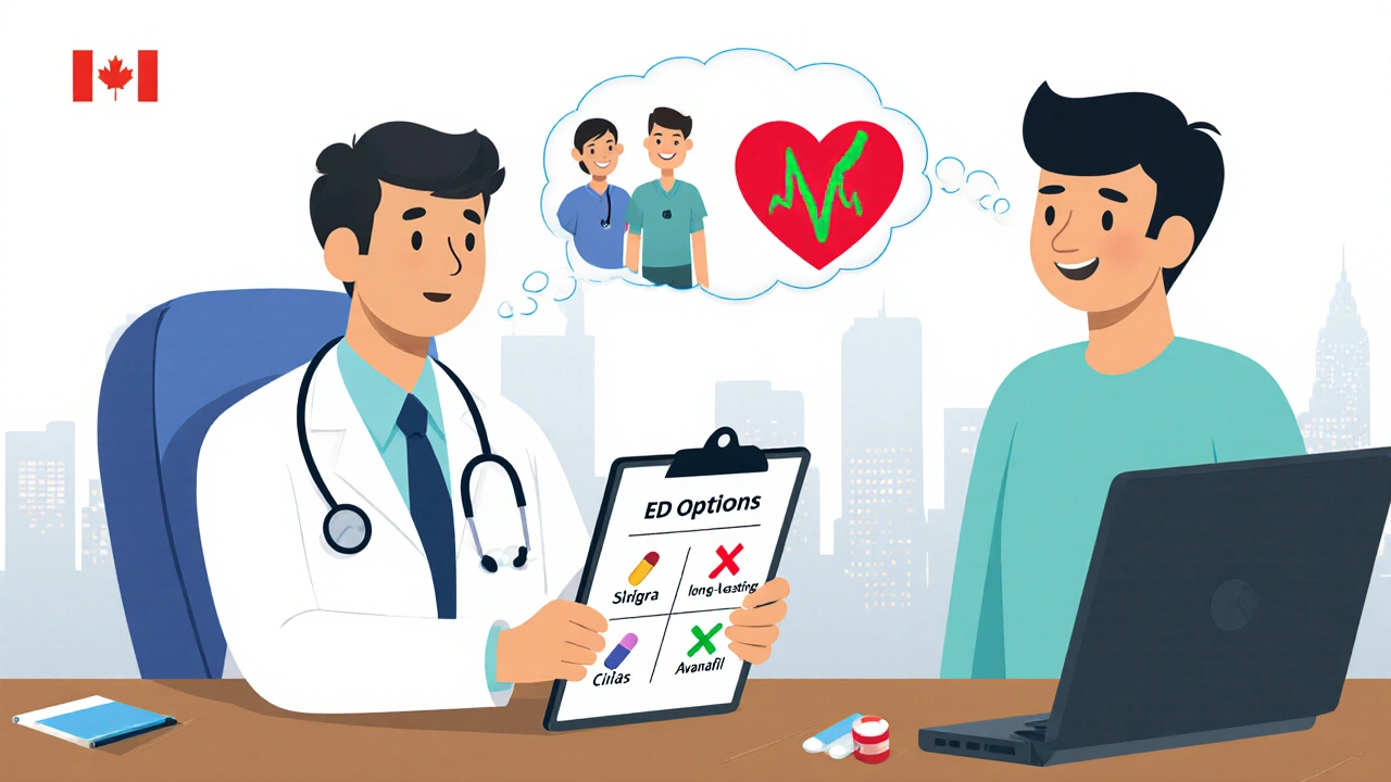 Doctor and patient discussing ED treatment options with icons and a hopeful thought bubble.