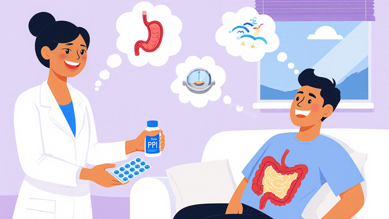 Doctor gives Rifaximin and PPI; patient later relaxed with happy gut and lifestyle icons.