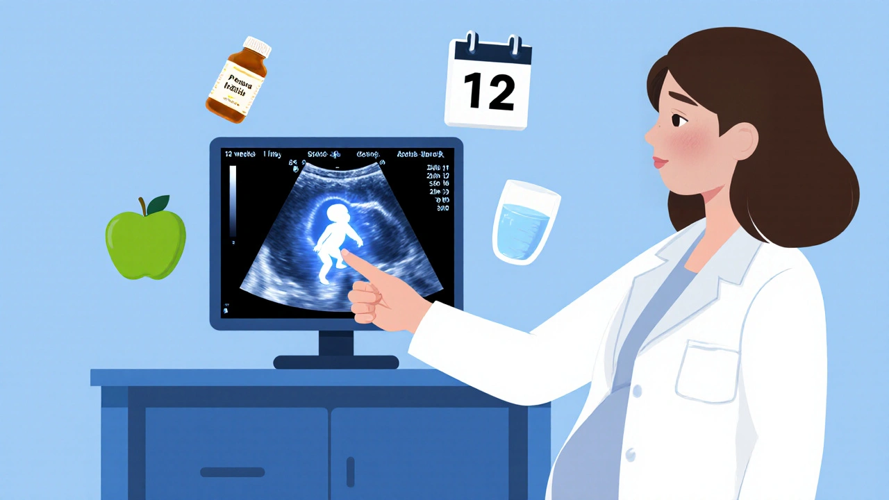 Doctor showing an ultrasound of a fetus with spina bifida, plus checklist icons in a calm room.