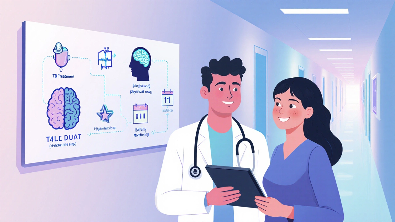 Futuristic clinic with doctor, digital tablet, and roadmap of cycloserine's evolution.