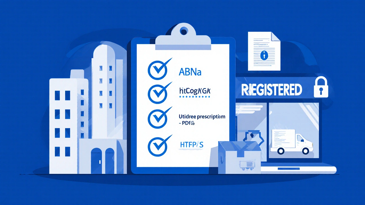 Illustration of a checklist with icons for ABN, TGA, HTTPS, and prescription upload for pharmacy verification.