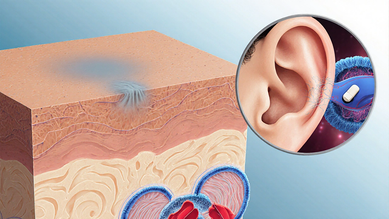 Illustration of skin with grayish pigment, inner ear swirl for dizziness, and a bacterial ribosome with drug attached.