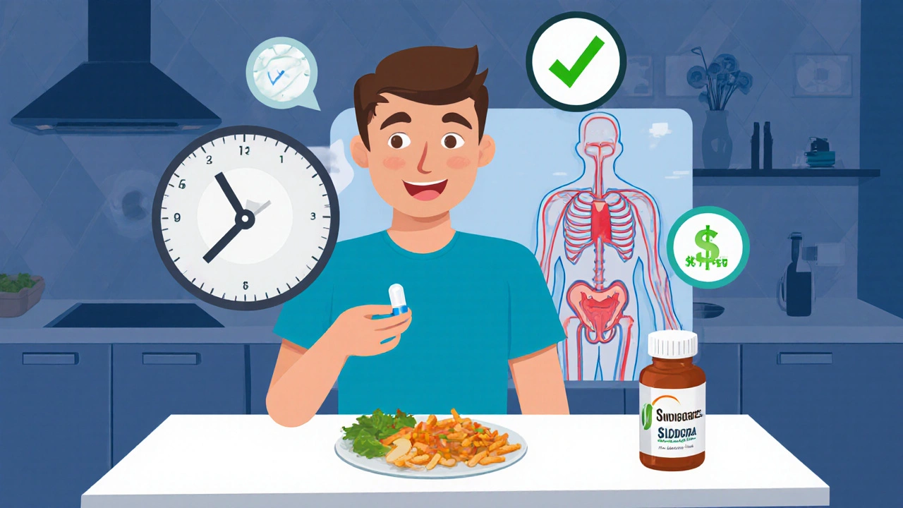 Man taking Sildigra Softgel with a clock showing fast absorption and price comparison on table.