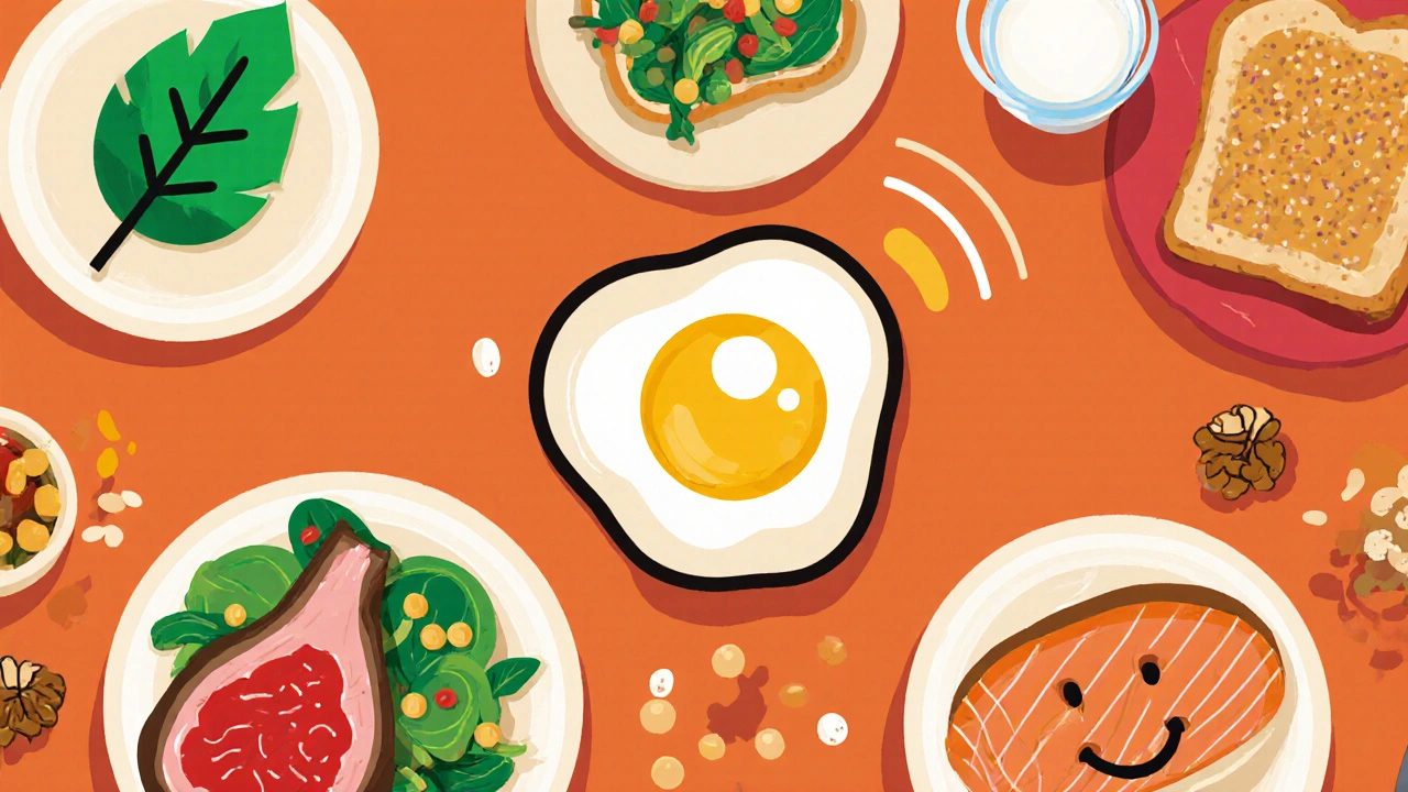 Overhead view of a kitchen table showing icons for folic acid, B12, iron, calcium, and omega‑3 with food plates.
