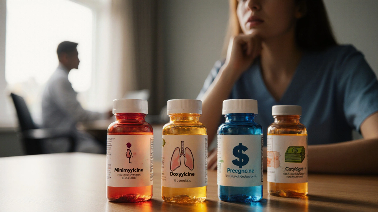 Patient reviewing antibiotic bottles with visual cues for acne, lungs, pregnancy, and cost under soft lighting.