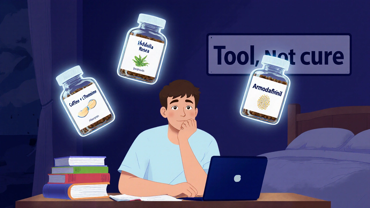 Person at night with three supplement bottles floating above, Armodafinil glowing brightest, bed visible in background.