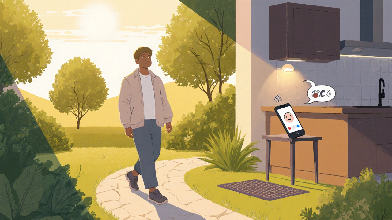 Recovered individual walking outdoors, using visual anchor, safe home setup, video call.