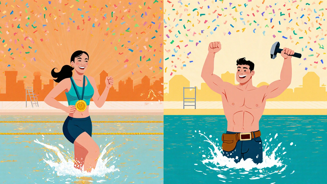Runner and carpenter emerging from the pool smiling, illustrating successful recovery.
