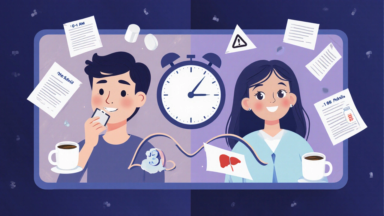 Split illustration comparing Armodafinil and modafinil effects over time with warning icon for adrafinil.