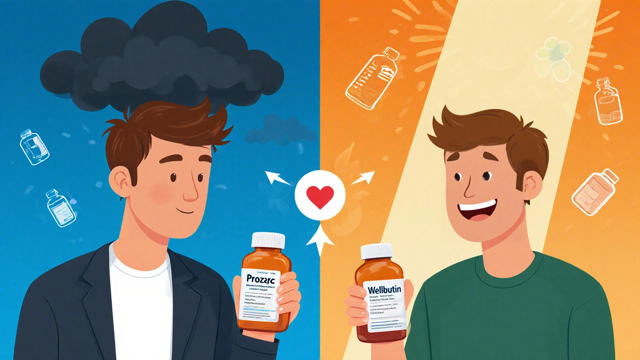 Split illustration: man with dark clouds over Prozac, sunlight over Wellbutrin, symbolizing improved sexual health.