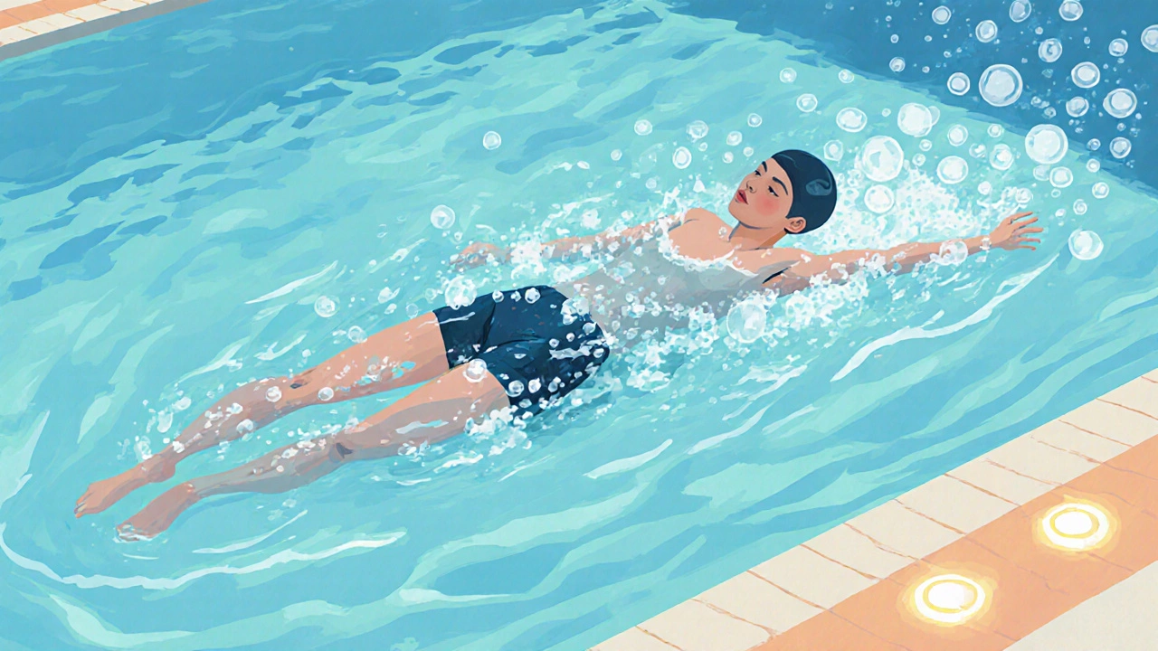 Swimmer doing slow freestyle in a warm pool, showing gentle water resistance and bubbles.