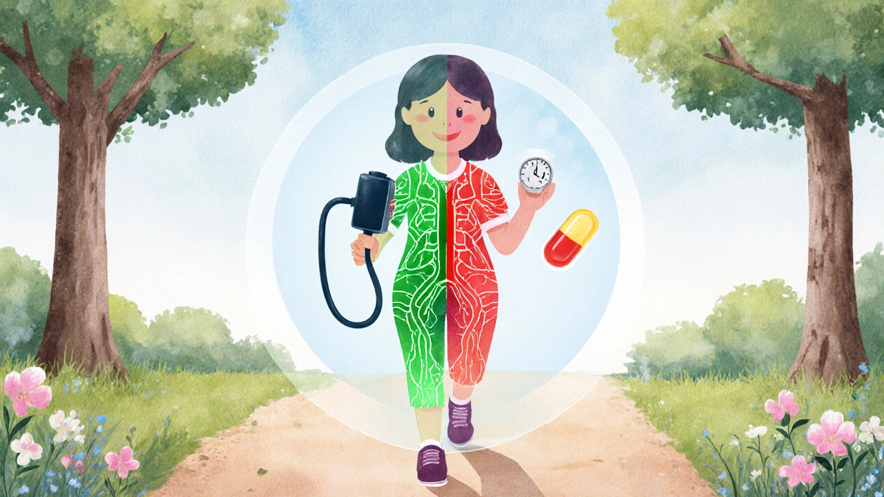 Woman walking with blood pressure pill, transparent blood vessels show healthy flow, valsartan pill glowing nearby.