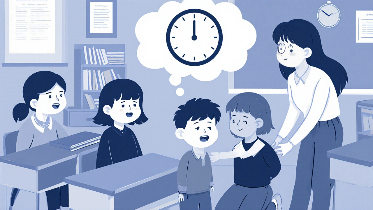 A child having a brief staring spell at school while a teacher gently supports them.