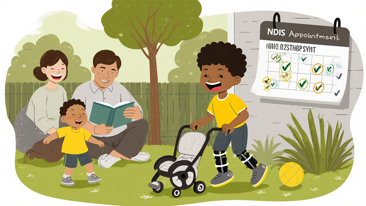 A child with leg braces laughing in the backyard with family, showing daily life filled with joy and support.