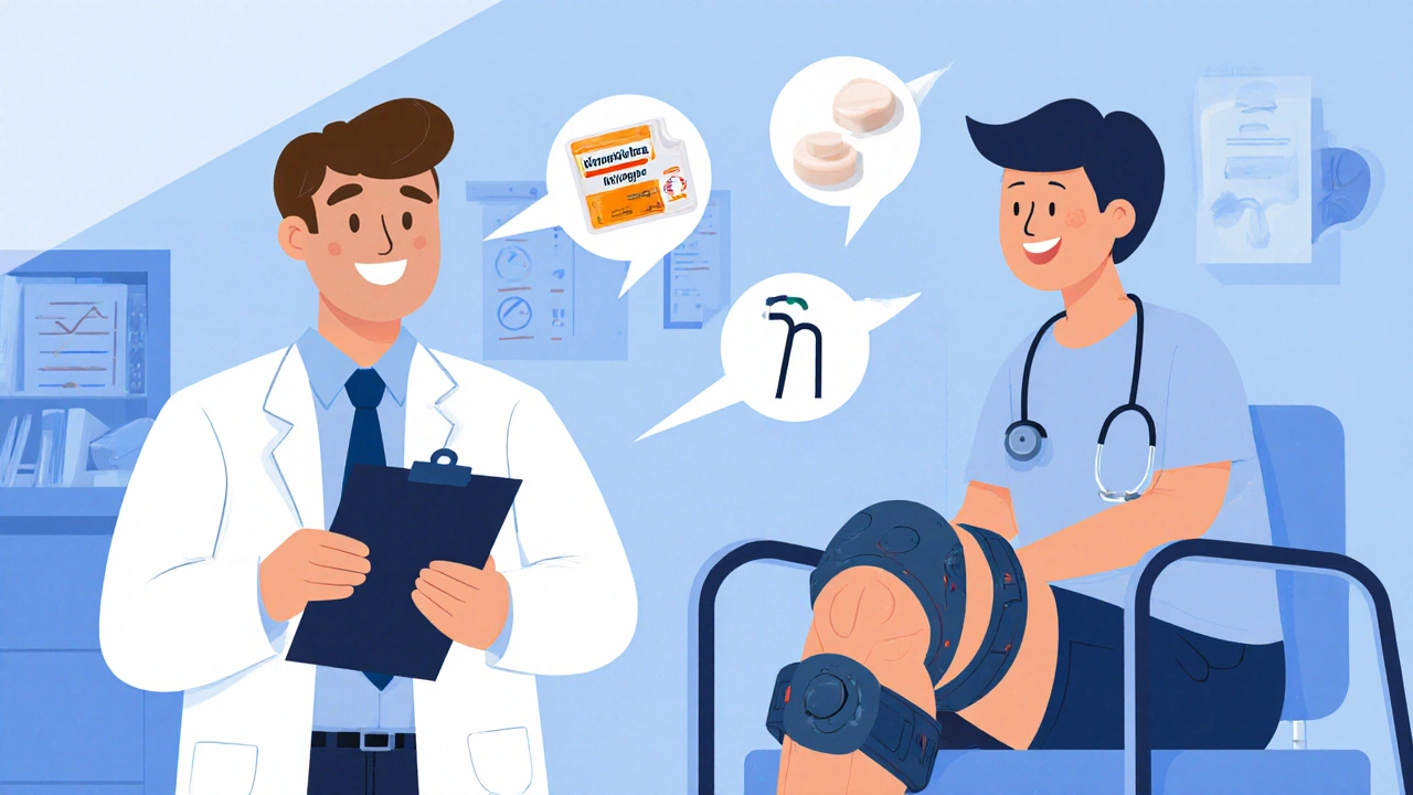 A doctor and patient surrounded by icons of topical treatments and pain relief alternatives like acetaminophen and a cane.