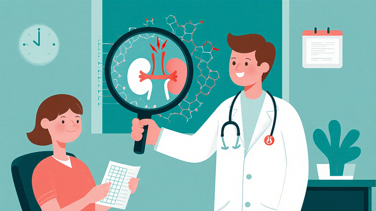 A doctor examining molecular drug interactions, with one effective pair and one dangerous mismatch, in a calm clinical setting.