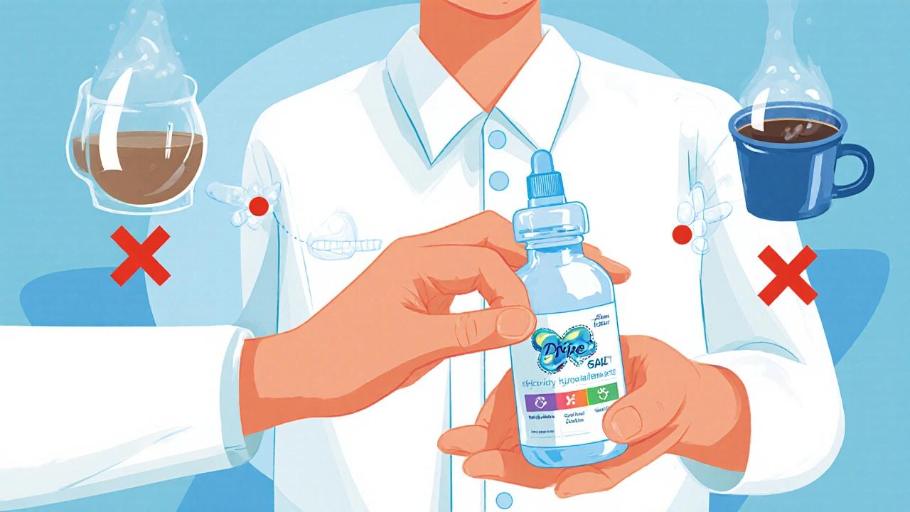 A doctor giving an electrolyte solution to a patient, with harmful drinks crossed out and electrolytes visibly balanced in the body.