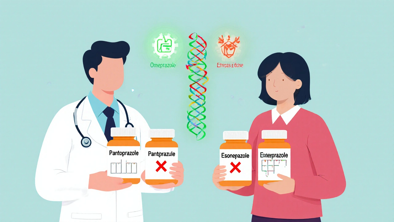 A doctor holding safe PPIs next to a patient with a red X over omeprazole, with a glowing enzyme symbol showing drug interaction.