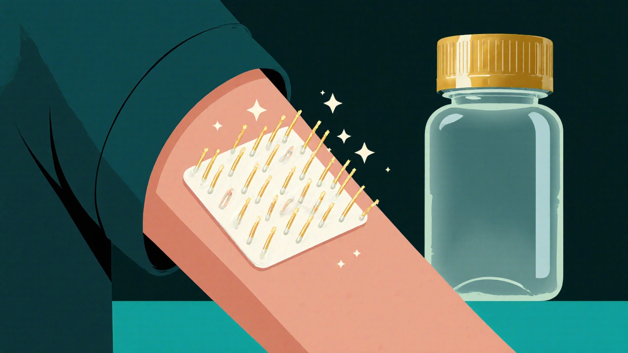 A glowing microneedle patch delivering medicine through the skin, bypassing the stomach, with a faded pill bottle in the background.