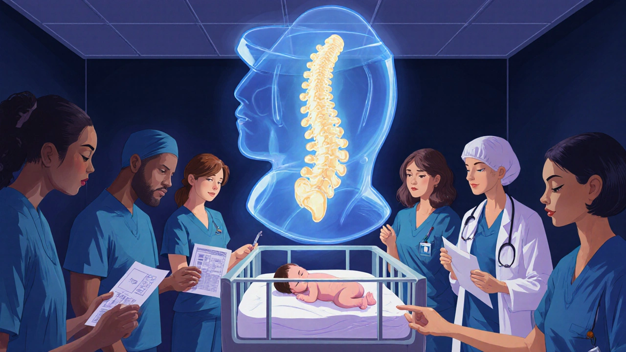 A newborn in an incubator with medical staff nearby, glowing spinal cord symbolizing prenatal surgery above.