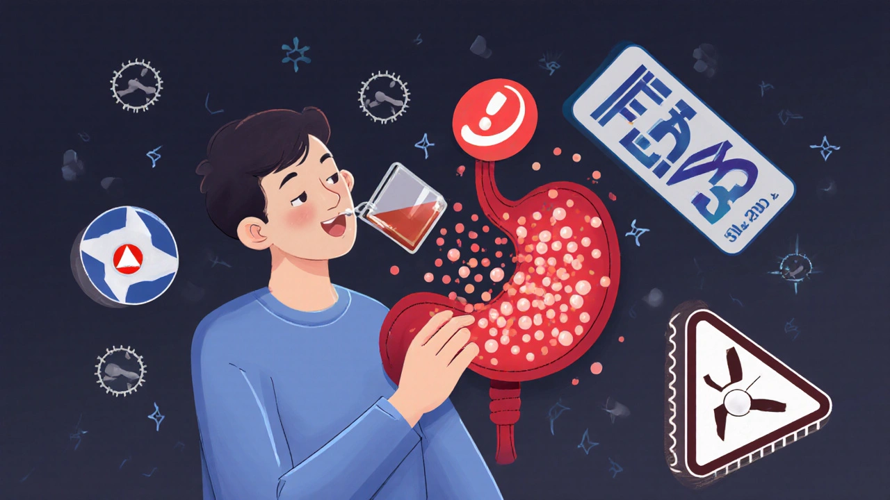 A patient taking a pill with alcohol, causing a dangerous drug burst in the stomach.