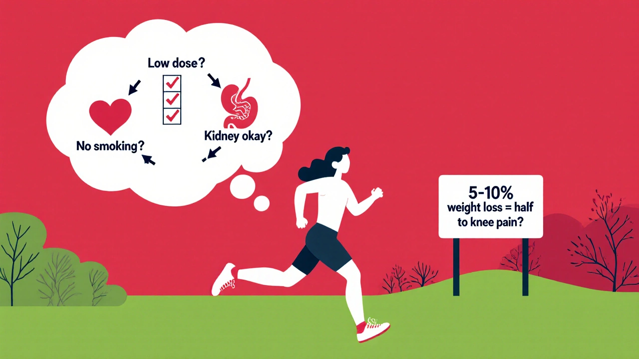 A person jogging with a thought bubble showing heart, stomach, and joint health icons alongside a weight loss tip.