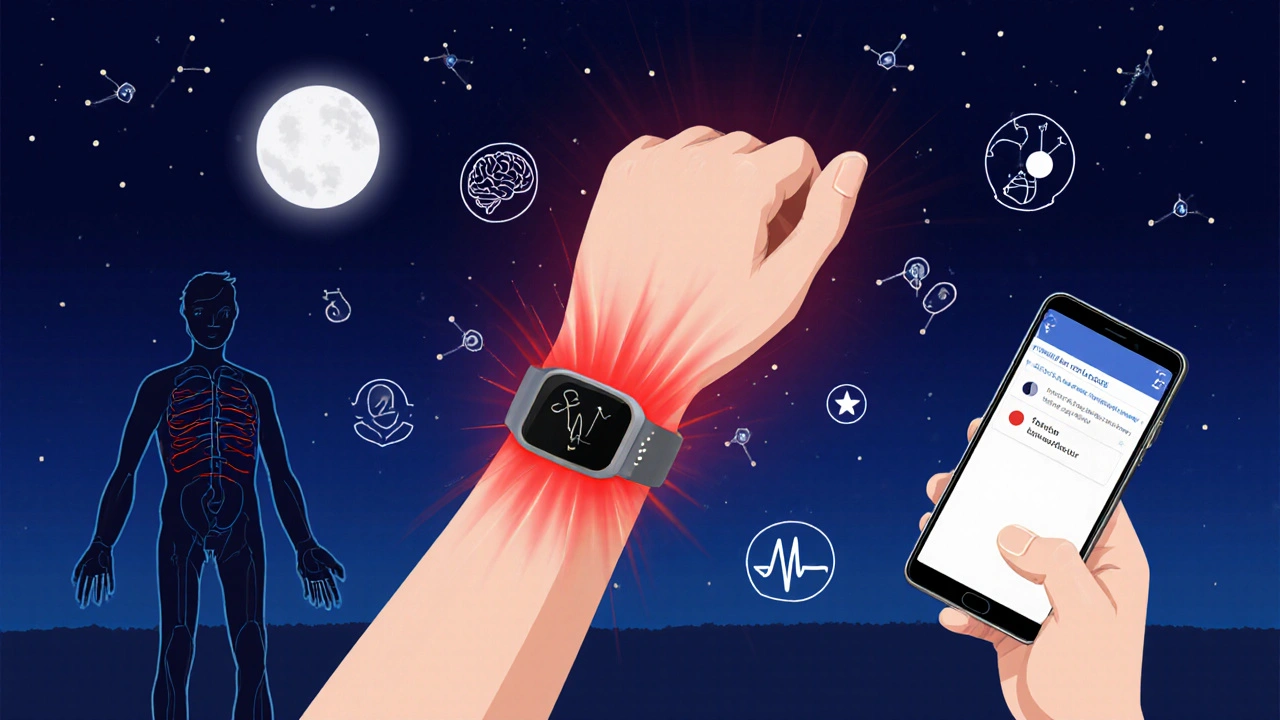 A person wearing a seizure-detecting wearable device with alert signals glowing at night.