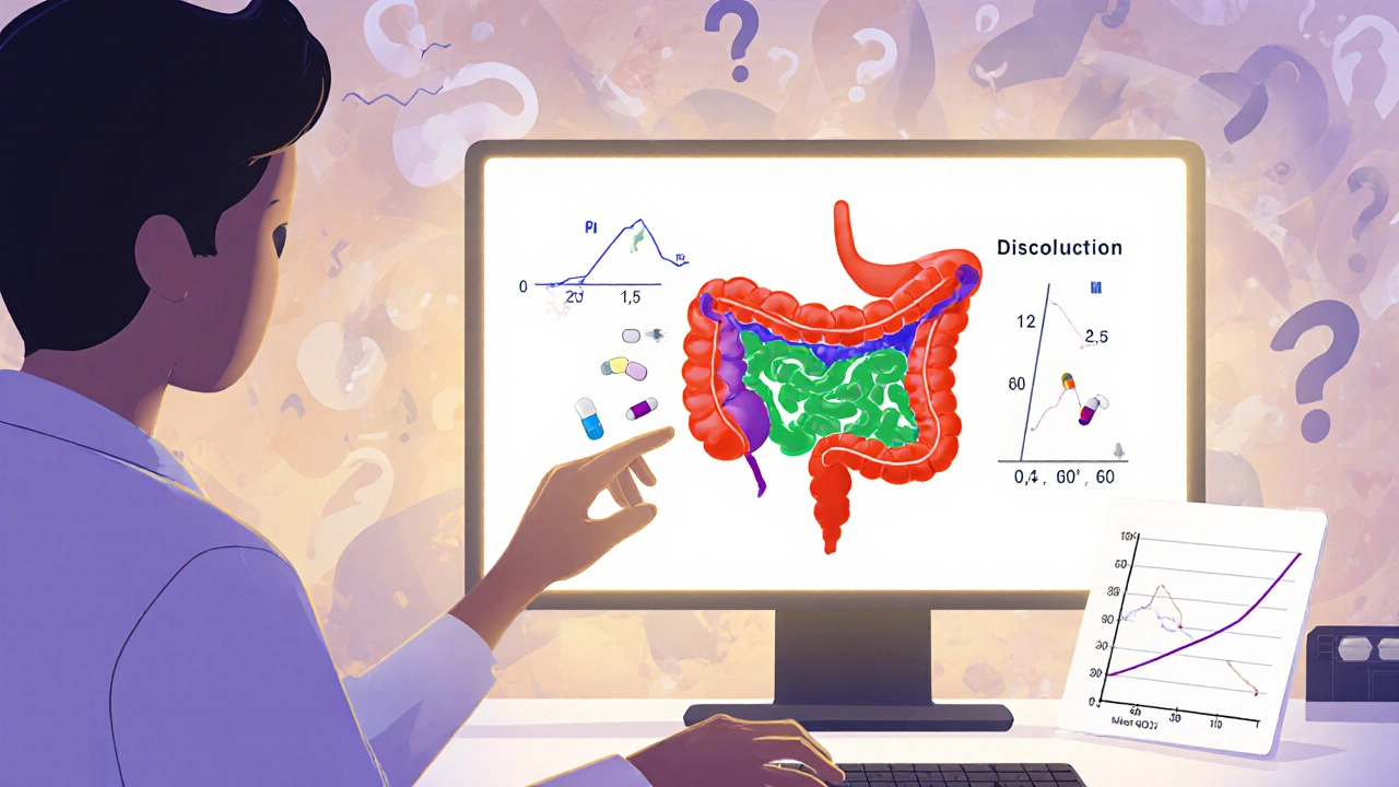 A scientist viewing a 3D intestinal model showing pH-dependent drug dissolution.