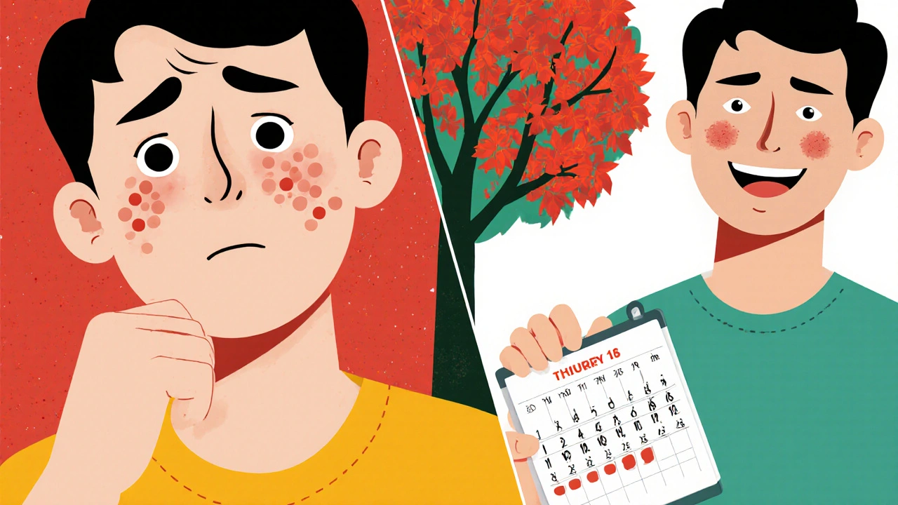 A young person transitioning from guttate psoriasis spots to clear skin with quarterly biologic injections.