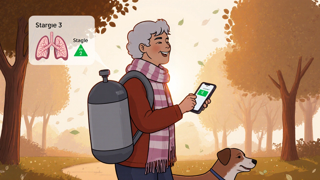 An elderly woman walking her dog with a portable oxygen tank, smiling, with a health app on her phone.