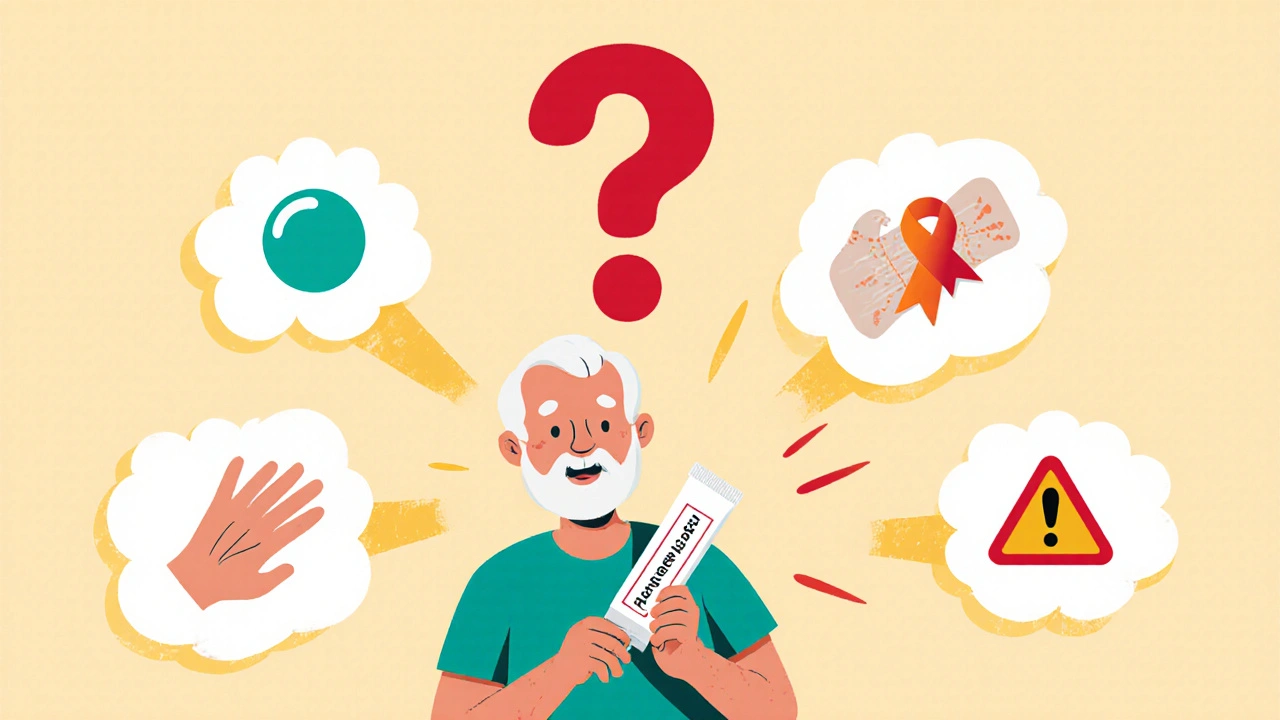 An older adult holding topical pain gel with visual cues showing correct vs. incorrect use, warm skin absorption, and safety warnings.