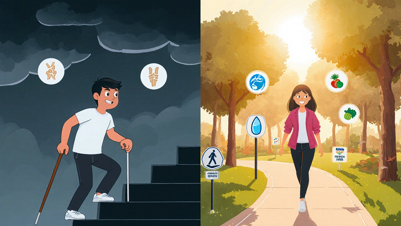 Before and after scene: person struggling with stairs vs. walking confidently in a park.