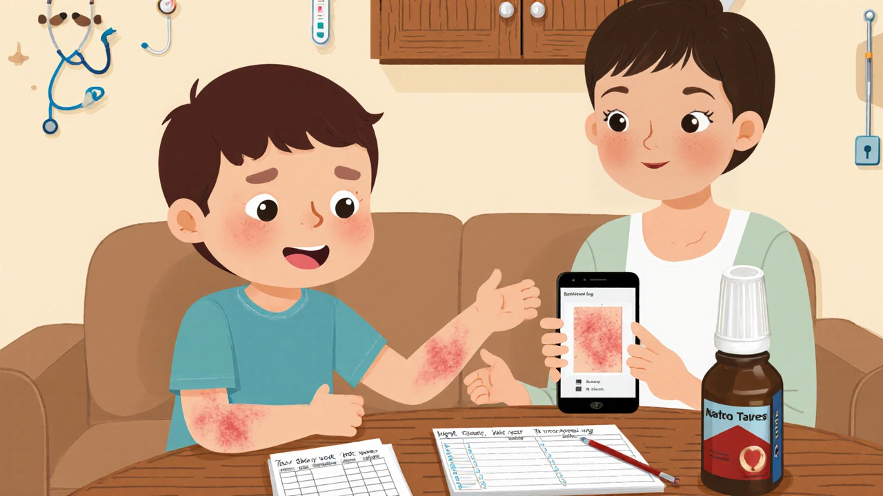 Child with rash on arm, parent showing photo on phone, medication stored in locked cabinet