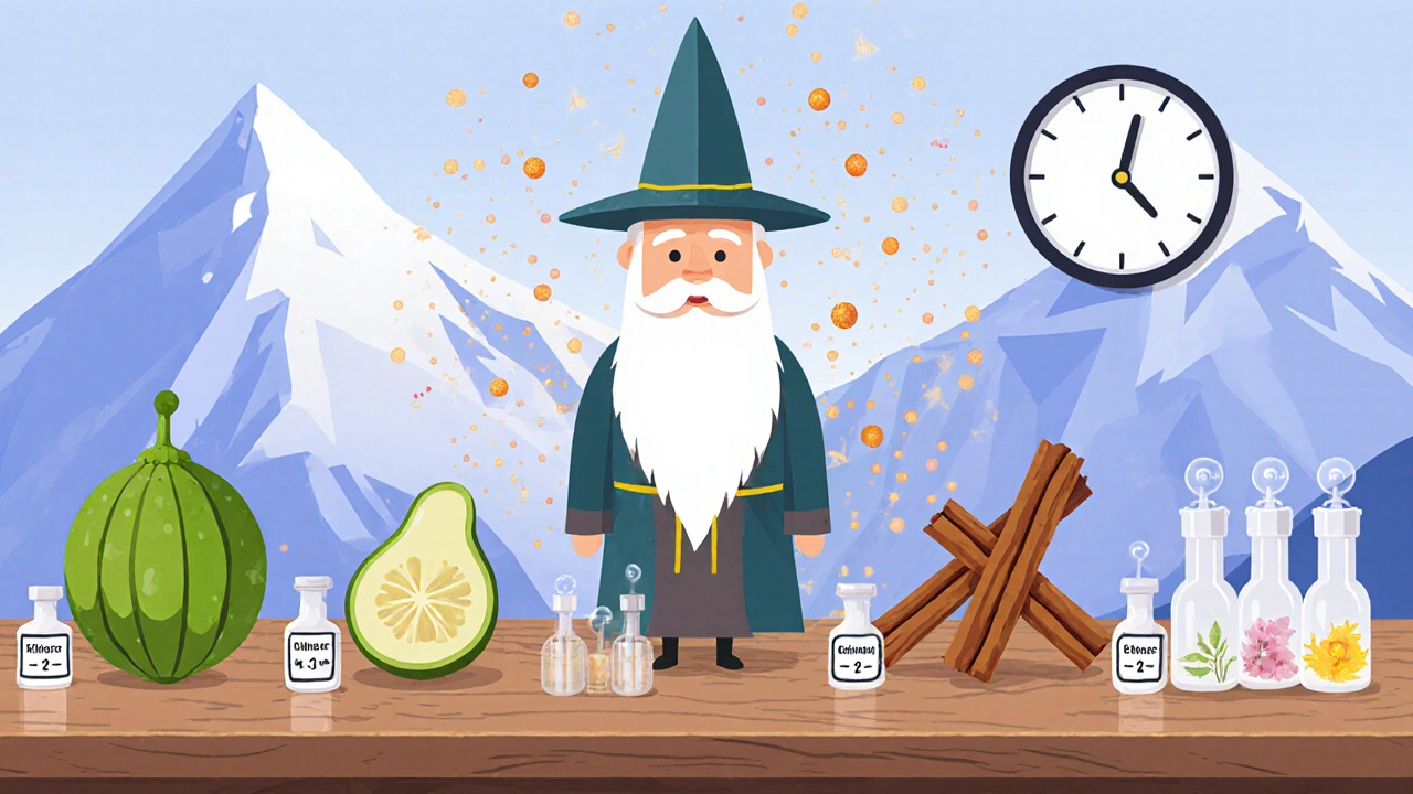 Chirata herb personified as a wise spirit beside other blood sugar herbs on a table.