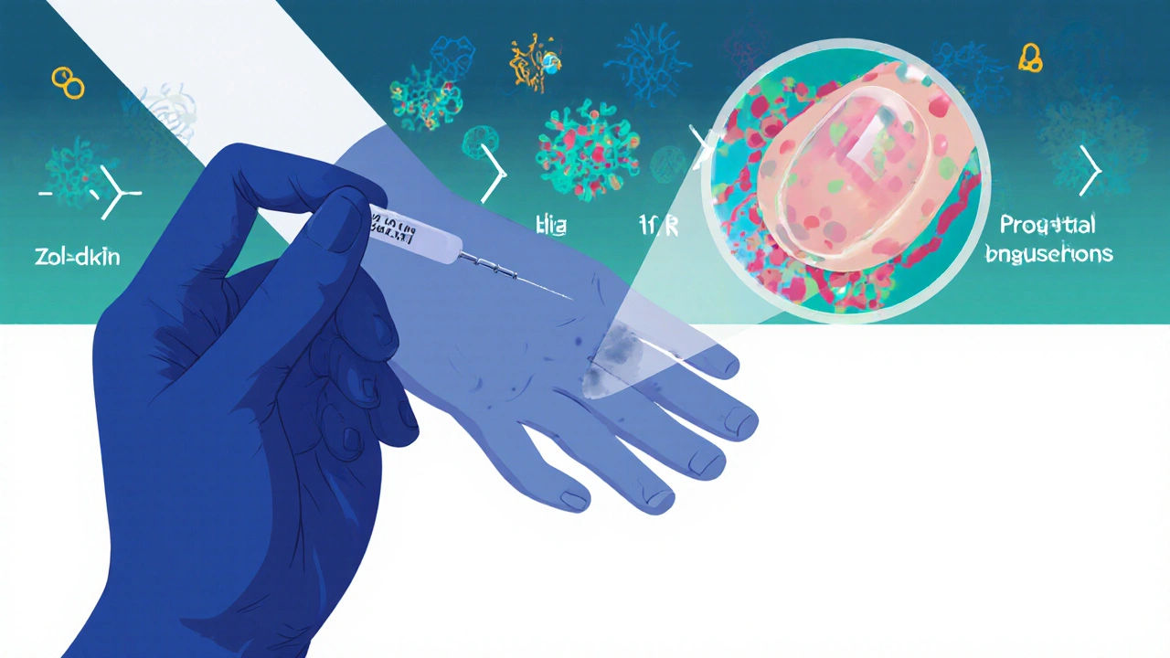 Close-up of a steroid injection into a pitted nail with immune cells being blocked by targeted therapy.