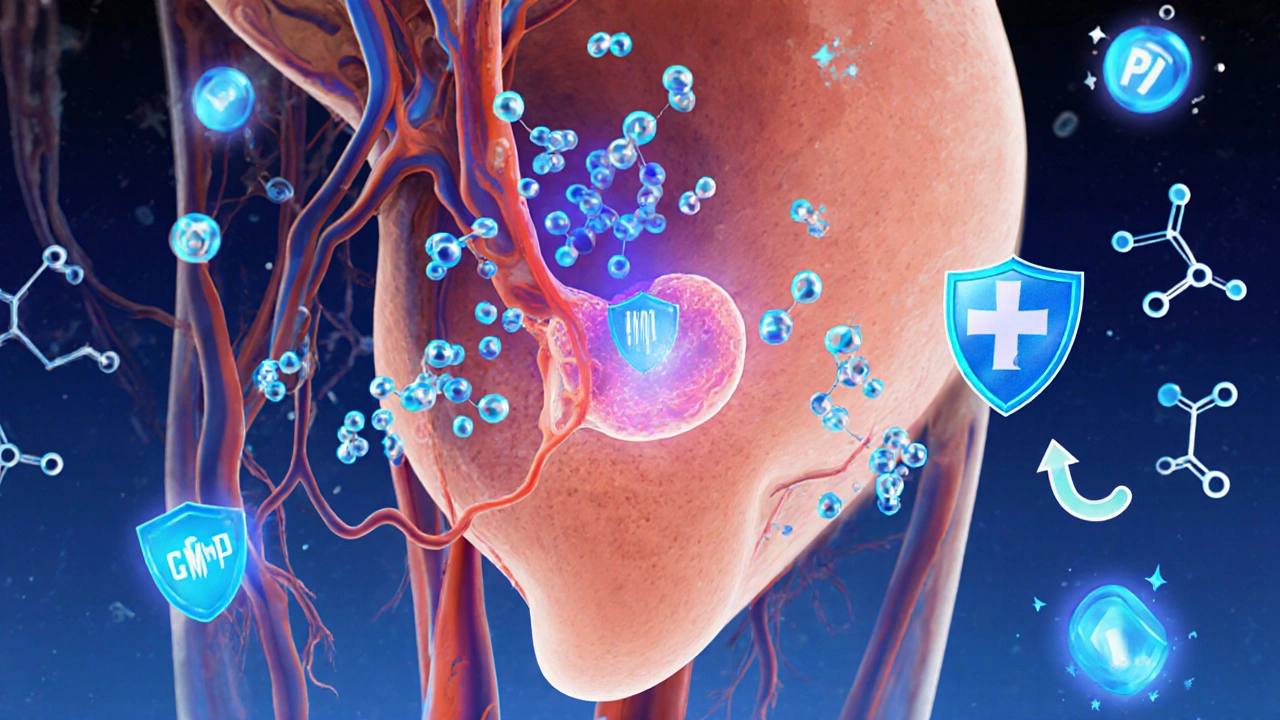 Cross-section of body showing blood flow enhancement in penis via molecular interaction.