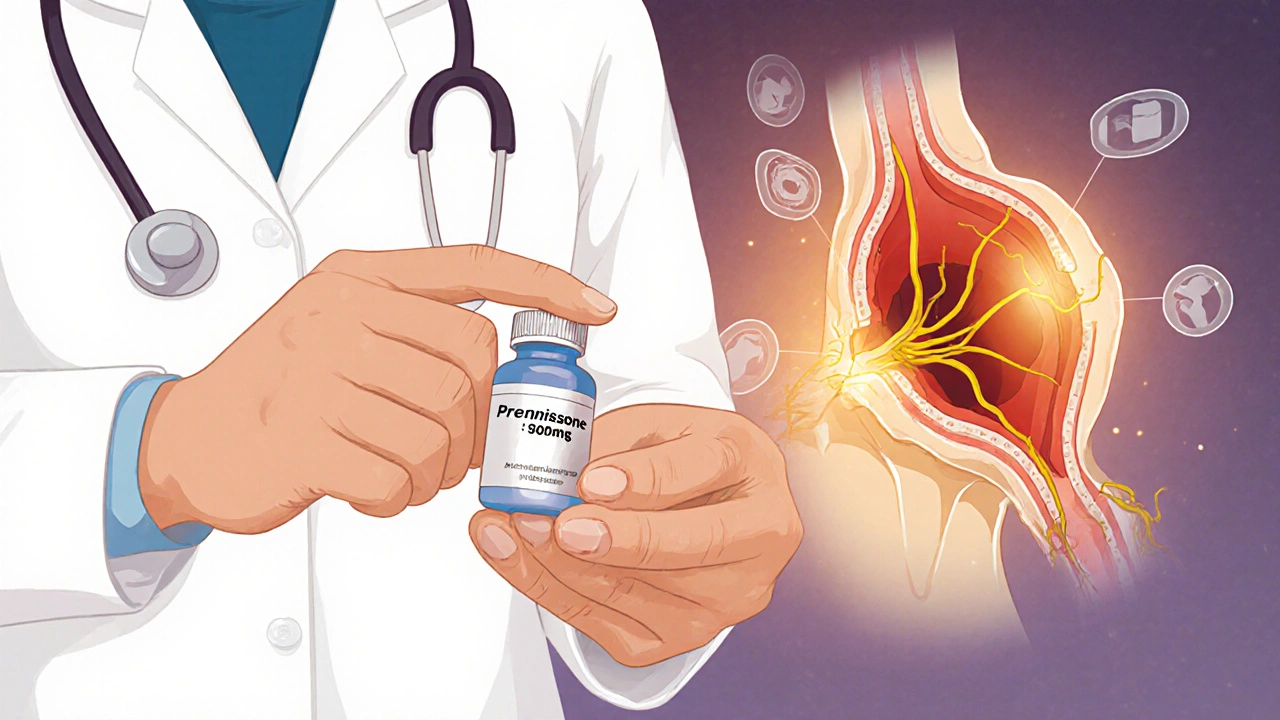 Doctor giving prednisone pills with visual of inflamed facial nerve healing after steroid treatment.