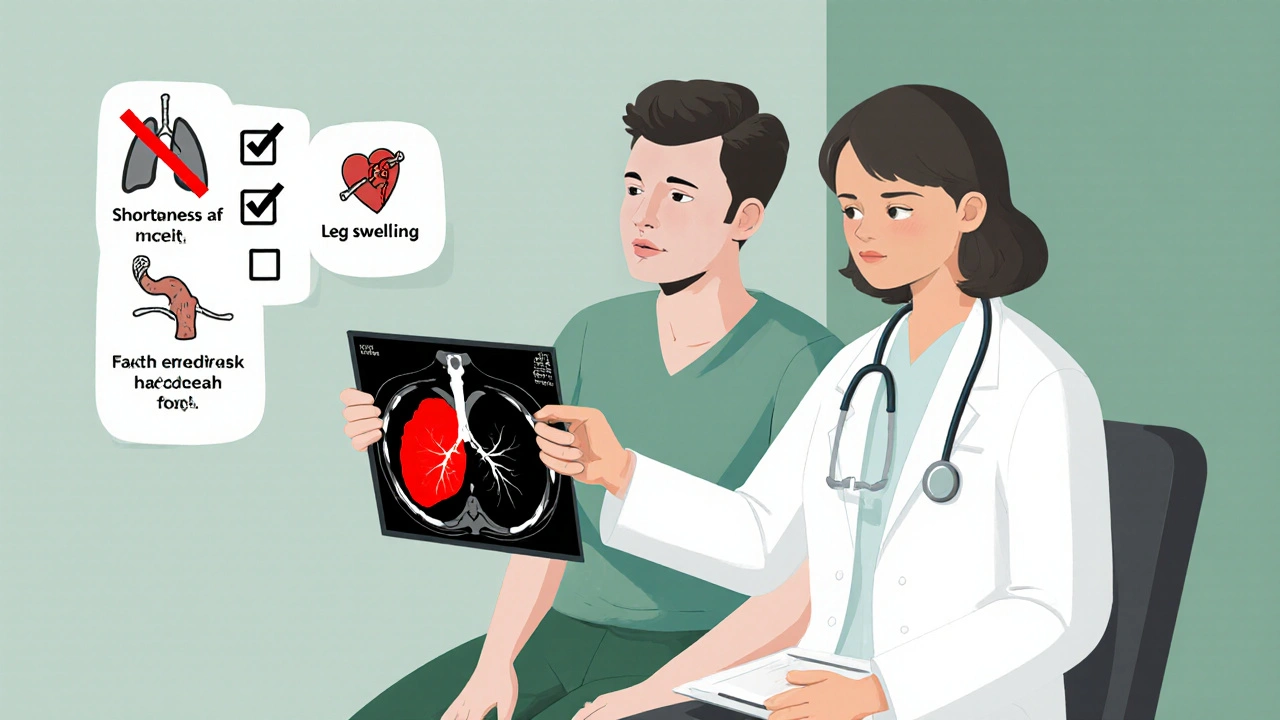Doctor showing CT scan with lung clot to anxious patient, symptoms illustrated around them.