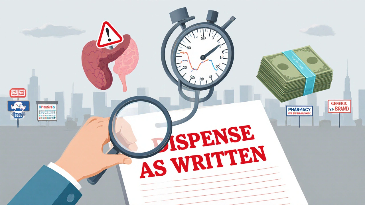 Doctor writing &#039;Dispense as Written&#039; on prescription with medical icons floating above