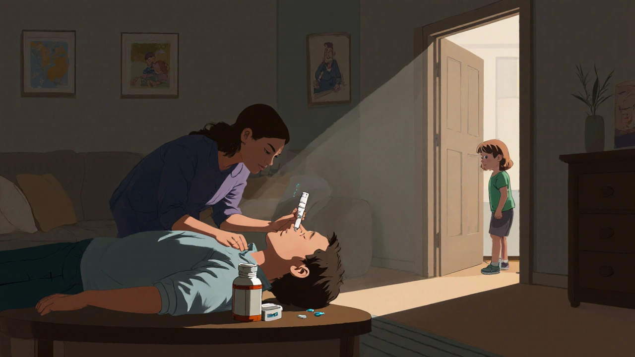 Family member administering naloxone to an unconscious person on a living room floor.