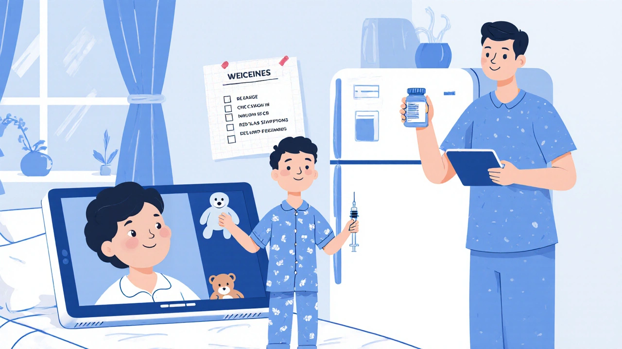 Family video calling pediatrician, holding medicine bottle and syringe, checklist on fridge