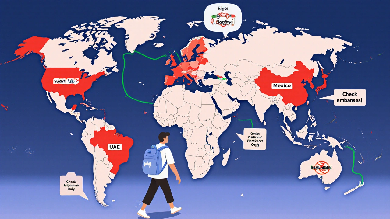 Global map showing banned medication zones with traveler avoiding red areas using safe alternatives