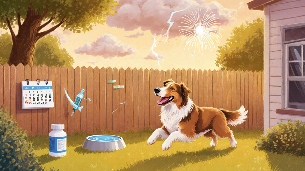 Happy Bearded Collie playing in yard with medication bottle and calendar nearby.